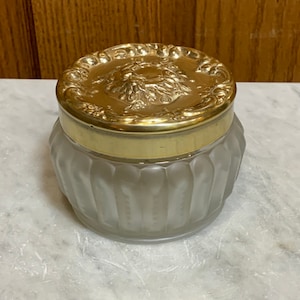 Estee Lauder Frosted Glass Powder Jar with Gold Colour Repousse Style Lid Re-Nutriv Empty Jar