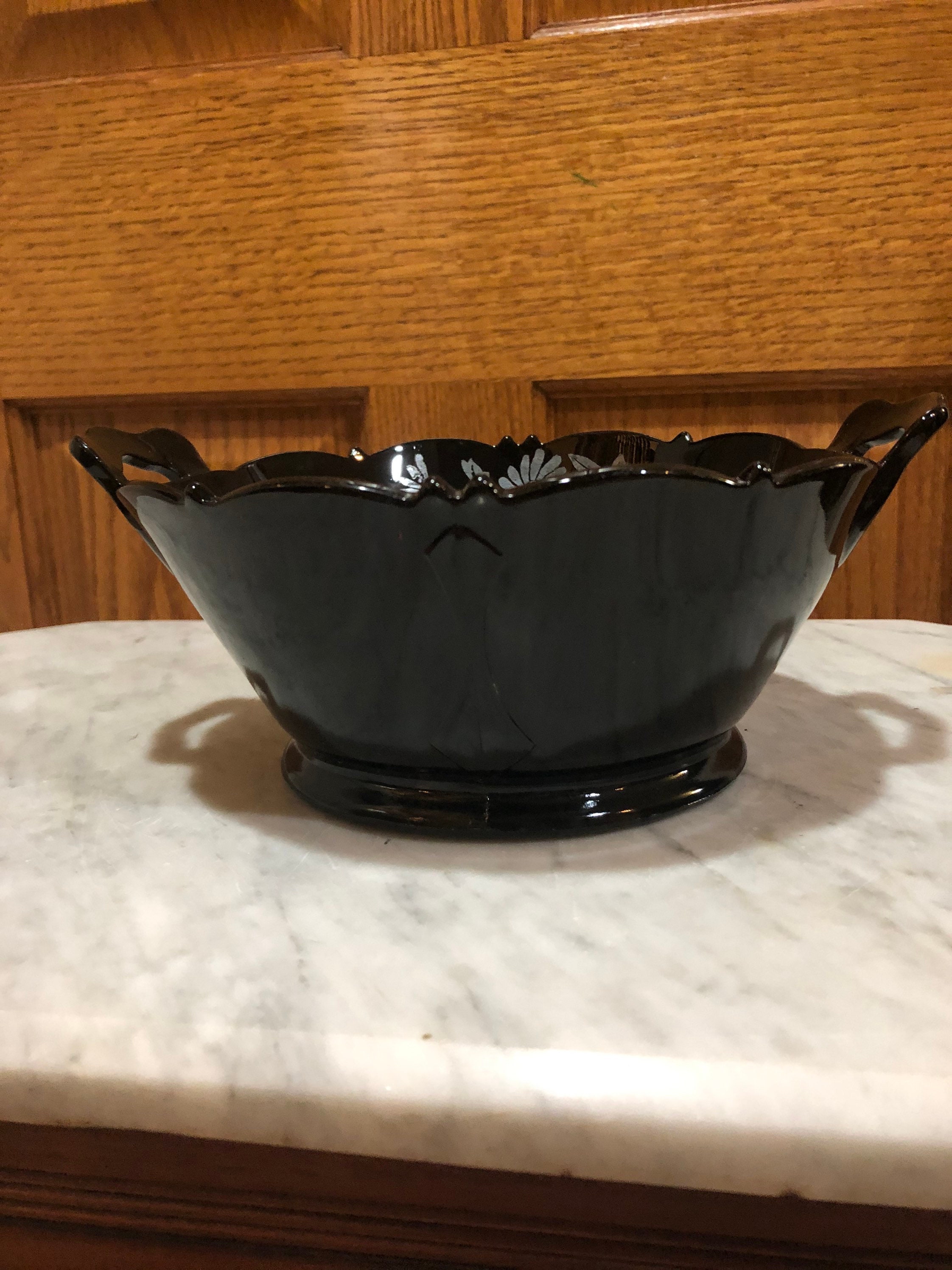 Beautiful Etched Black Fostoria Glass Two Handled Bowl Etsy