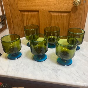 Vintage Fantastic Hand Blown Glass Goblets Green & Blue MCM Mud-Century Set of 6 Glasses Tumblers