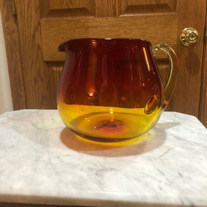 Vintage Blenko Amberina Hand Blown Glass Pitcher Applied Amber Handle 7.75” Tall