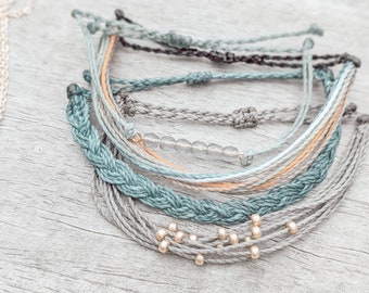 surfer bracelet adjustable bracelet Gray and Mint String Bracelet with dark gray seed beads Purple beach jewelry wax bracelet