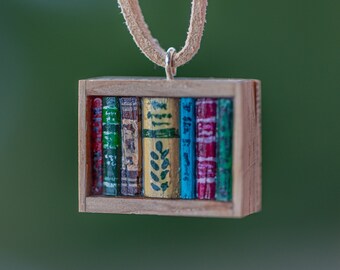 Library. Miniature of books. Wood and epoxy resin necklace. Resin jewelry