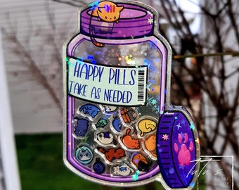 Happy Pills Cat Acrylic Holographic Shaker Keychain | Gift for Cat Lovers