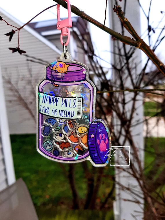 Happy Pills Cat Acrylic Holographic Shaker Keychain | Gift for Cat Lovers