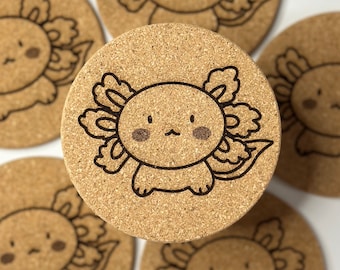 Handmade Kawaii Axolotl Cork Drink Coaster, Laser Printed