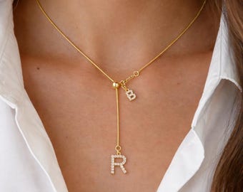 Initial Lariat Necklace, Long Y Necklace Personalized, CZ Diamond Letter Pendant, Custom Jewelry Gift