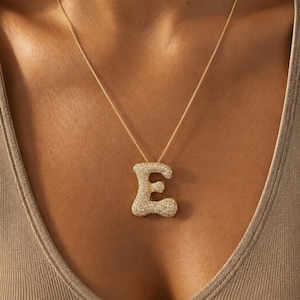Personalized Bubble Letter Necklace - Jumbo Diamond Initial Pendant Sterling Silver 14k Gold