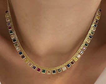 Multicolor CZ Diamond Choker: 925 Sterling Silver Baguette Necklace 14k Gold Plated Jewelry