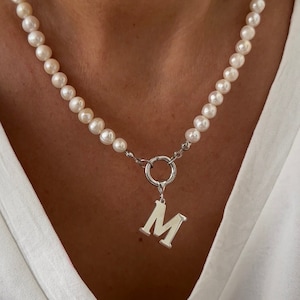 Initial Pearl Necklace, Toggle Clasp Necklace, Initial Jewelry Gift for her, 925 Sterling Silver, Personalized Custom Necklace,