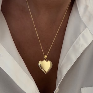 Large 3D Puffy Heart Charm Necklace, Chubby Sterling Silver Gold Heart Pendant Love Necklace, Everyday Necklace Layering, Heart Jewelry Gift