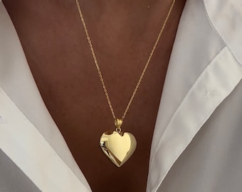 Large 3D Puffy Heart Charm Necklace, Chubby Sterling Silver Gold Heart Pendant Love Necklace, Everyday Necklace Layering, Heart Jewelry Gift