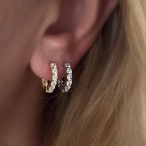 14k Gold Sterling Silver CZ Huggie Hoop Earrings