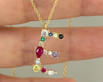 Diamond Letter Necklace, Large Initial Pendant Necklace, Multicolor CZ Stone, Layering Necklace, Colorful Letter Personalized Jewelry Gift