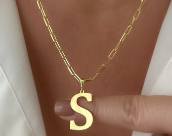 Sterling Silver Initial Letter Necklace: Oversized Personalized Pendant Jewelry Gift