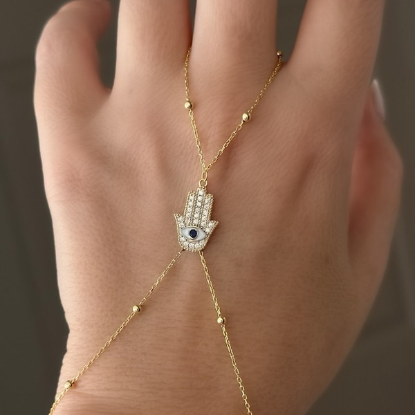 925 Silver Hand Chain Bracelet, CZ Diamond Hamsa Hand Charm, Finger Slave Ring Bracelet, Hand Of Fatima, Protection Good Luck Jewelry
