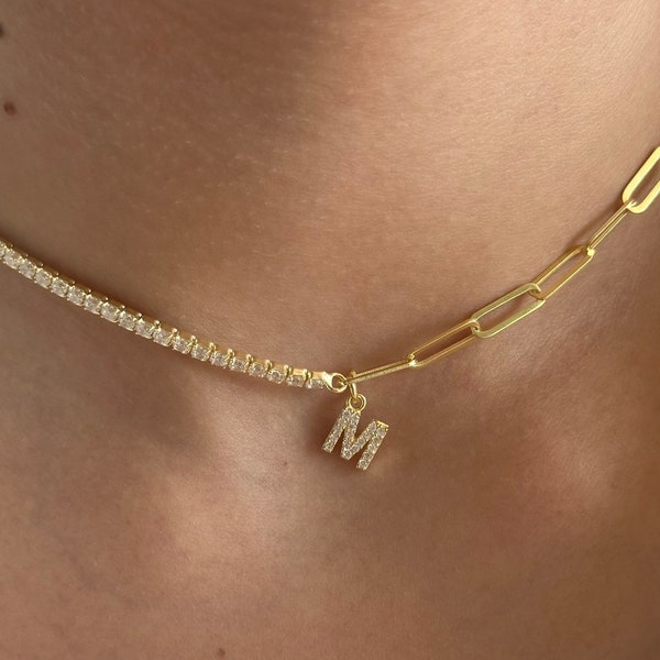 Personalized Half Tennis Half Link Chain Necklace, Initial Letter Necklace, 14k Gold Link Chain, Custom Tennis Jewelry, Gift for Women Girls