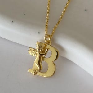 Angel Letter Necklace 14k Gold,  Initial Guardian Baby Angel Pendant, Custom Letter Necklace Personalized Jewelry Gifts, 925 Sterling Silver Handmade