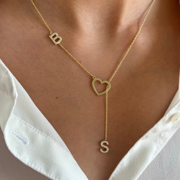 Two Initial Necklace with Heart, Personalized Sideways 2 initials and heart necklace, Custom Drop CZ Letter Lariat Y shaped Jewelry Gift