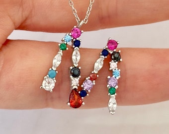 Diamond Letter Necklace, Large Initial Pendant Necklace, Multicolor CZ Stone, Layering Necklace, Colorful Letter Personalized Jewelry Gift