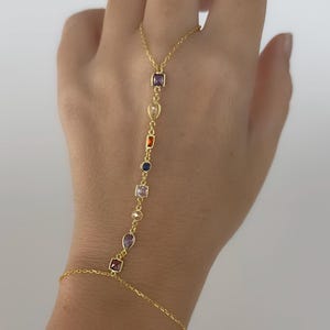 Multicolor Hand Chain Bracelet, Diamond Hand Chain, 14k Gold Silver Rose Plated, Crystal Ring Bracelet, Finger Bracelet,  Gift for Her