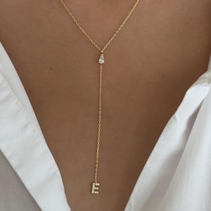 CZ Initial Lariat Necklace: 14K Gold Plated Sterling Silver Y Necklace