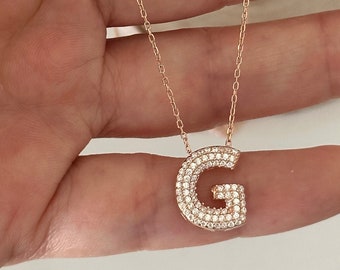 Rose Gold Initial Pave Bubble Pendant Diamond Initial Necklace Balloon Letter 14K Personalized Woman Custom Jewelry Girls Handmade Gift