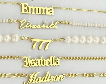 Name Necklace Gold, Name Necklace gift for her, Initial Pearl Necklace, Personalized Necklace, Nameplate Necklace,  Custom Name Necklace