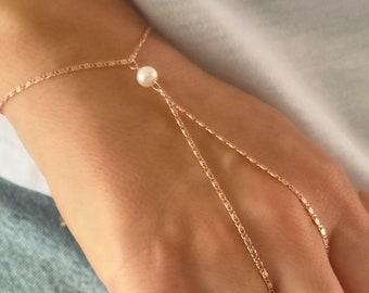 925 Sterling Silver Hand Chain with Pearl, Slave Bracelet Ring, Dainty Finger Bracelet, Pearl Jewelry, Gift for Her, 14k Rose Gold Silver