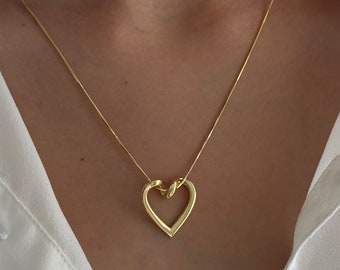 Dainty Love Knot Necklace, Heart Shaped Pendant Snake Chain, Unique Love Jewelry Women Girls, 14k Gold Layering Necklace 925 Sterling Silver