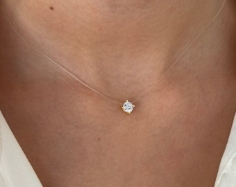 Floating Solitaire Necklace, Invisible CZ Diamond Necklace, Crystal Transparent Illusion Necklace, Bridesmaid Gifts, 14k Gold Rose Silver