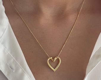 Heart Necklace, Long Love Necklace, Heart Pendant Necklace, 14k Gold Snake Chain, Mothers Day Gift Jewelry Women Girls 14- 22 inch