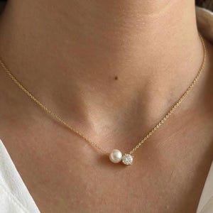 Freshwater Pearl  Necklace, CZ Solitaire Diamond Pendant, 925 Sterling Silver, Wedding Bridesmaid Flower Girl Jewelry