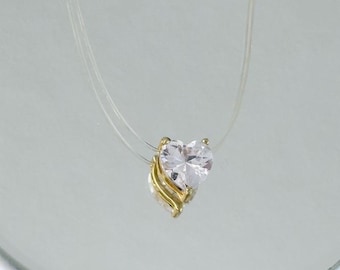 Heart CZ Pendant Necklace: Sterling Silver Invisible Nylon Thread