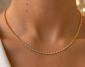 Colorful Enamel Beaded Necklace, 14K Gold Plated Sterling Silver, Layering Jewelry