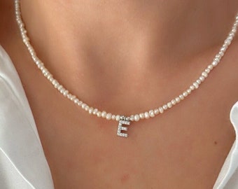 Pearl Initial Letter Necklace Personalized Baby Baroque Pearl Small Pearl Letter Charm Necklace Choker CZ Initials Custom Name Necklace