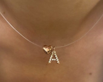 Invisible Illusion Necklace, Floating Necklace with Heart, Custom CZ Stone Letter Initial, Clear Cord Chain, Personalized Necklace Gift