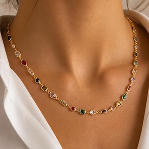 Colorful Gemstone Necklace, Dainty Gold Necklace, Multicolor Diamond Chain, Rainbow Jewelry, Gift for Her