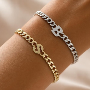 Initial Curb Chain Bracelet, Personalized Cuban Chain Bracelet, Matching Couples Jewelry Gift for Him Her