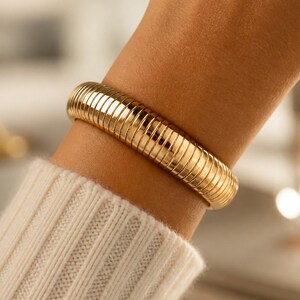 Gold Filled Bangle Bracelet, Chunky Wide Ribbed Stretch Statement Bracelet, Vintage Gold Jewelry
