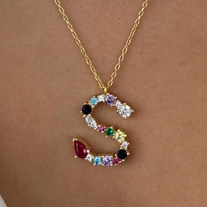 Multicolor Gemstone Initial Necklace: Sterling Silver Colorful Diamond Letter Pendant