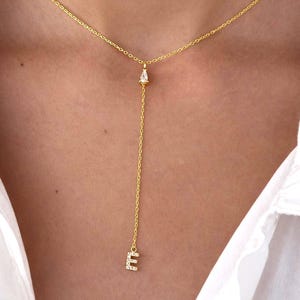 Diamond Initial Lariat Necklace: Drop Letter Pendant, Dainty Gold Necklace, Sterling Silver Minimalist Jewelry