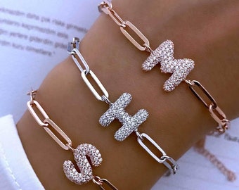 Bubble Letter Bracelet Gold, Initial Bracelet, Link Chain Bracelet, Diamond Bracelet, Custom 3d Balloon Pendant, Personalized Jewelry, Gift