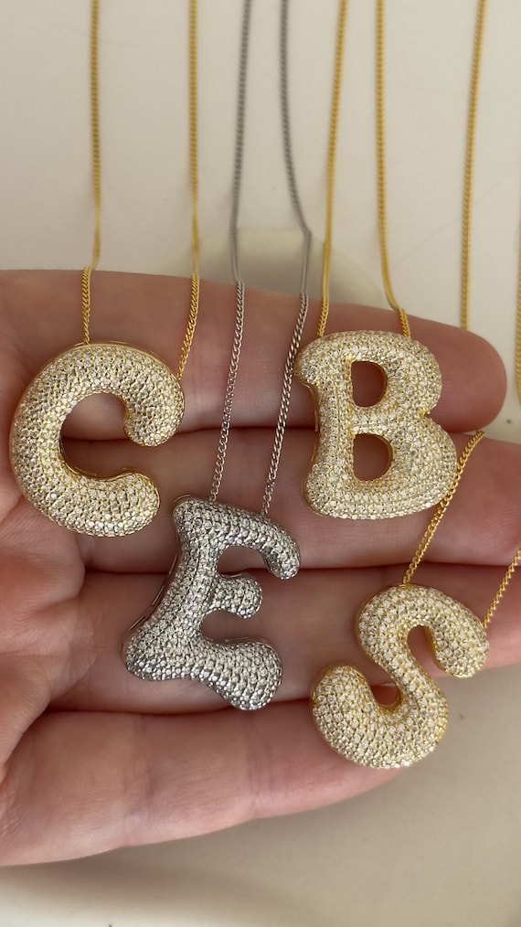 Jumbo Bubble Letter Necklace, Large CZ Diamond Initial Pendant, Big Chunky Letter Necklace, 925 Sterling Silver Personalized Jewelry Gift
