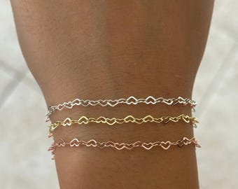 Dainty Heart Chain Bracelet: Sterling Silver, Gold or Rose Gold