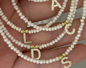 Pearl Initial Letter Necklace Personalized Baby Baroque  Small - 16 Inches GOLD 3 CZ Initials