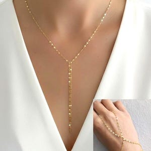 Sterling Silver Lariat Necklace - Hand Chain Bracelet, Versatile Jewelry 14k Gold Plated