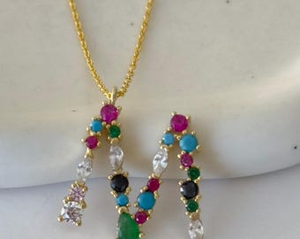 Multicolor Diamond Initial Necklace: Colorful CZ Gemstone Custom Letter Pendant Personalized Jewelry Gifts Women
