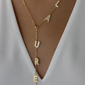 Dainty Name Necklace, Lariat Necklace, Diamond Necklace, Long Y Drop Necklace, Custom Initial Letter Necklace, Gifts for Women, Gift for her
