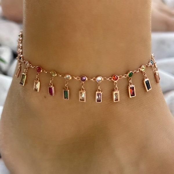 Dangle CZ Stone Anklet, Crystal Diamond Anklet, Dangle Gemstone Anklet, Summer gift, Beach Jewelry, 14K Rose gold Anklet, Ankle Bracelet