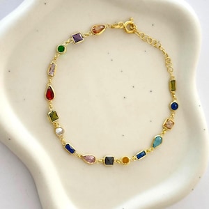CZ Chain Bracelet, Colorful Diamond 14k Gold, Multicolor Stack Bracelet, 925 Sterling Silver